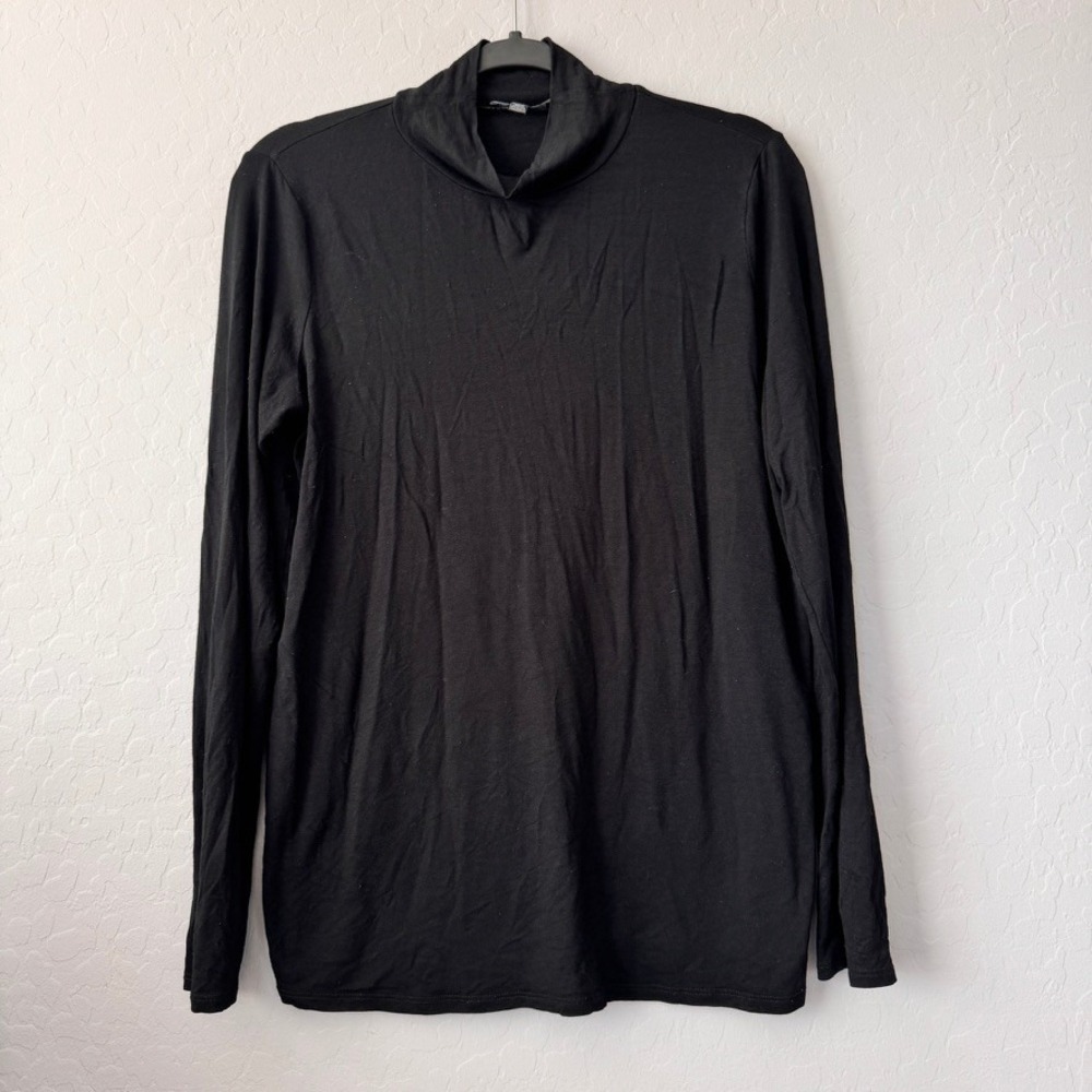 Eileen Fisher Medium Mock Neck Top Black Long Sleeve Viscose Spandex Jersey